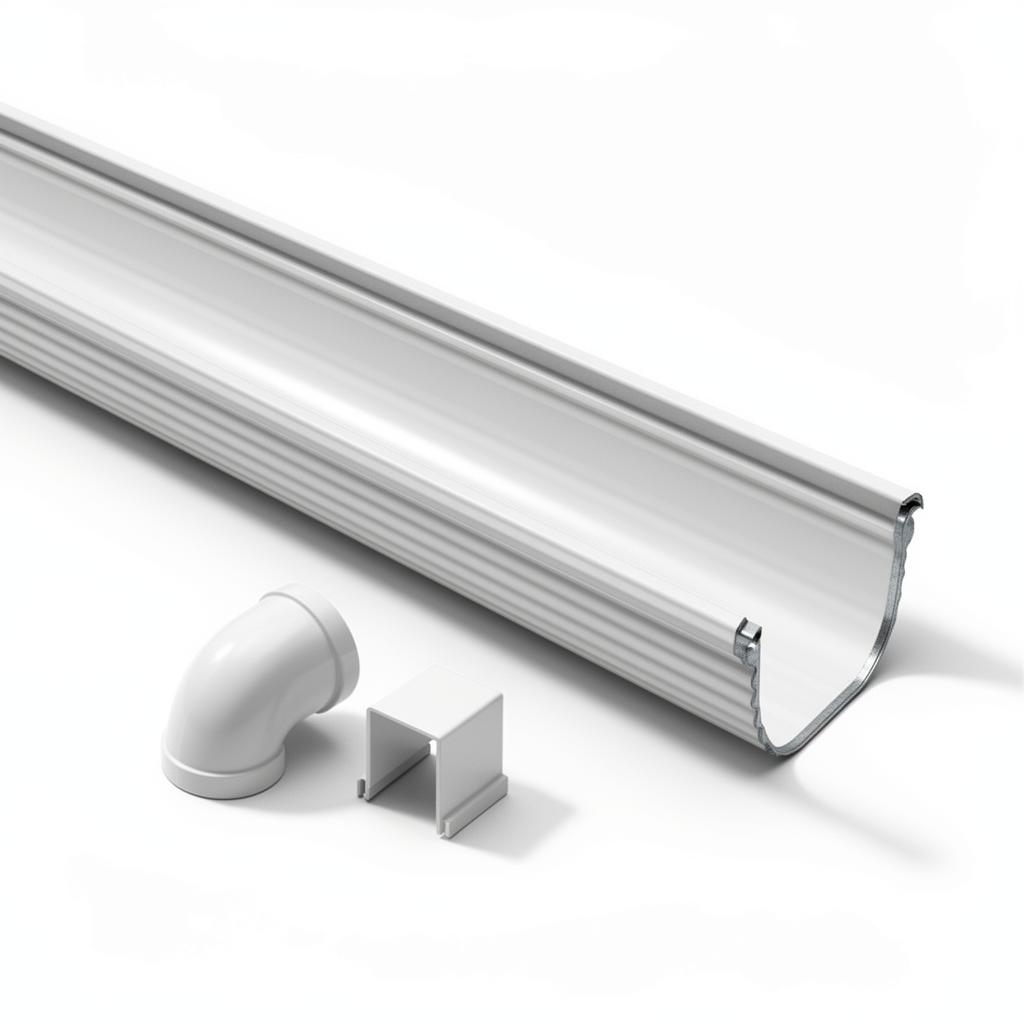 Studio product photo of a heavy-duty galvanized metal rain gutter with attached downspout on a clean white background.