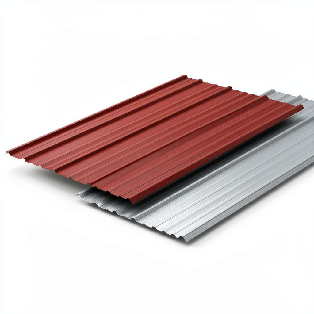 Studio product photo of a PBR ribbed metal roof panel and an R-panel side by side on a clean white background.