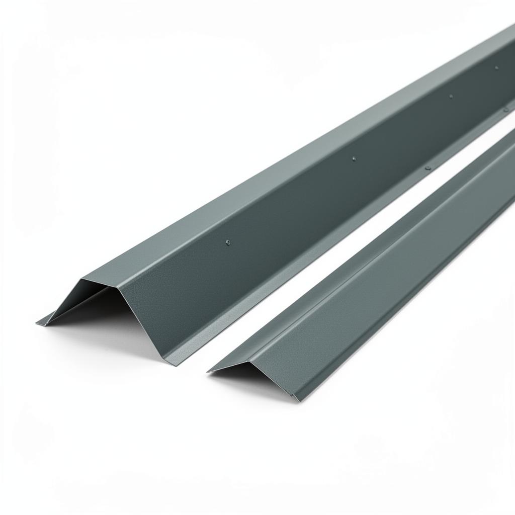 Studio product photo of a galvanized steel ridge cap and matching rake trim for pitched metal roofs on a clean white background.