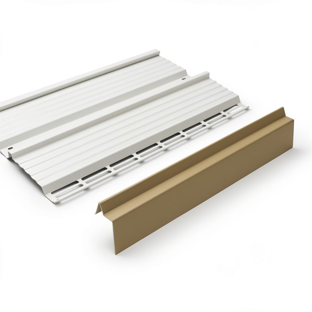 Studio product photo of a perforated soffit panel paired with wainscot trim on a clean white background.