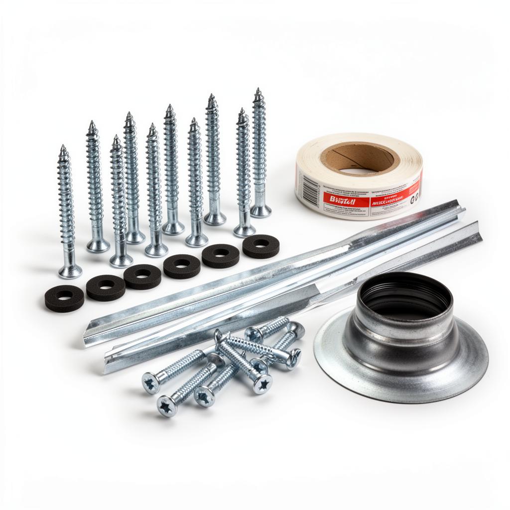 Studio product photo of metal building accessories — self-drilling screws, neoprene washers, butyl tape, and a pipe boot flashing — on a clean white background.